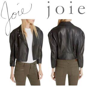 NWT Joie Black Leather Moto Jacket Lambskin Cropped Puff 3/4 Sleeve Biker Jacket